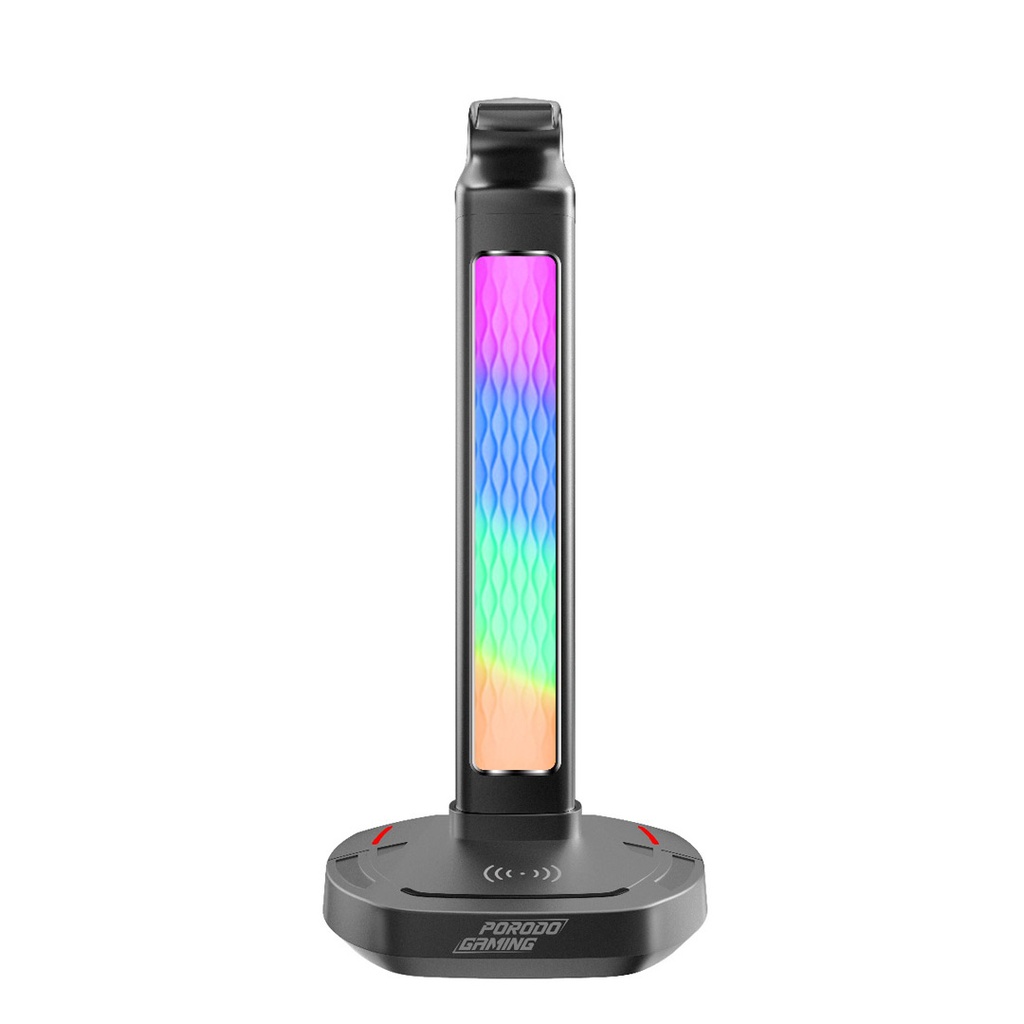 Porodo Gaming RGB Headphone Stand, Wireless Charging & USB-C Hub with Screen Lamp 5W