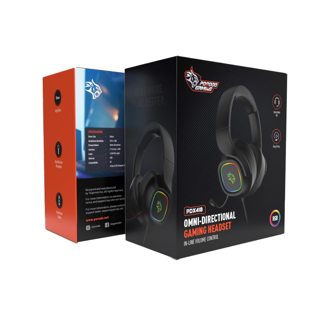 Porodo Gaming RGB Headphone with Detachable Microphone - Black	