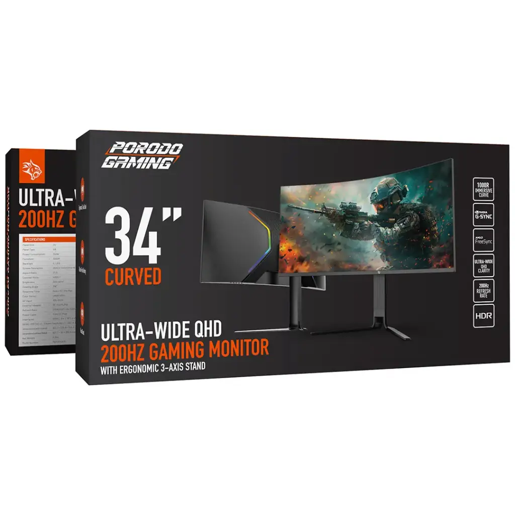 Porodo Gaming Ultra-Wide QHD 200HZ Gaming Monitor with Ergonomic 3-Axis Stand - Black.webp