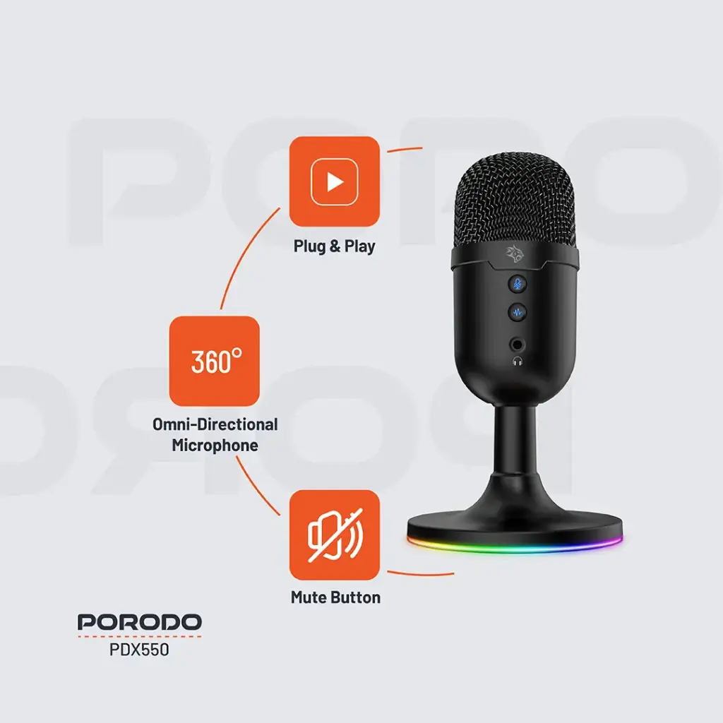 Porodo Gaming Omni-Directional USB Microphone - Black