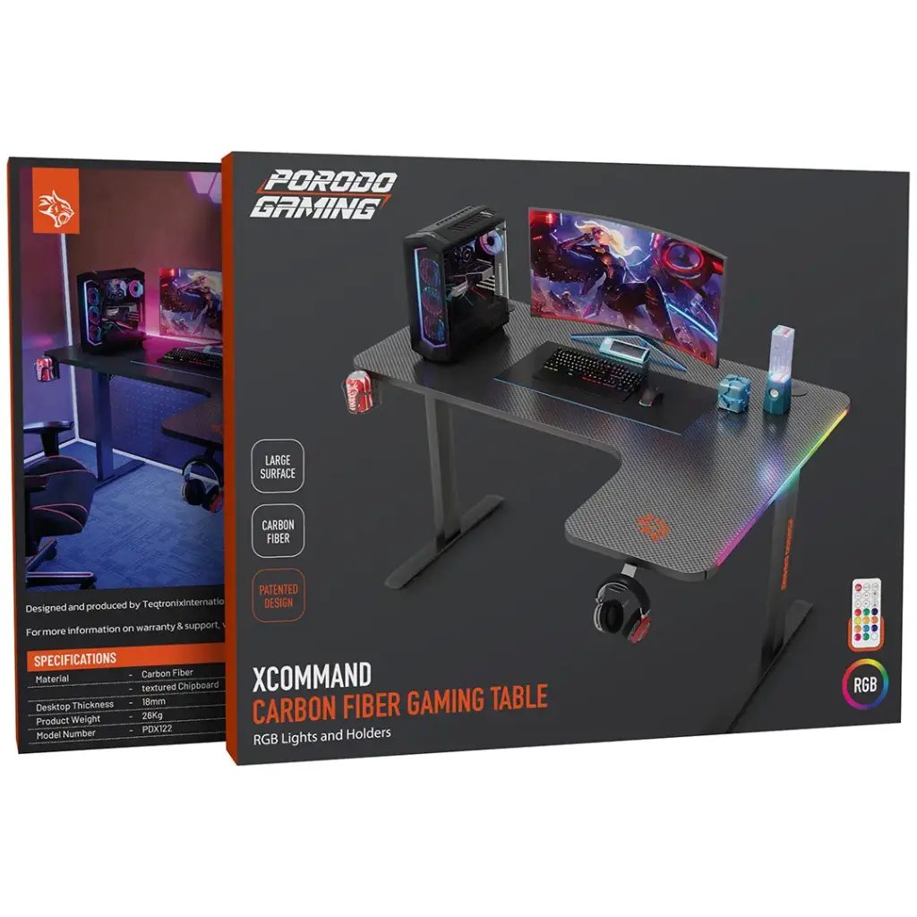 Porodo Gaming Xcommand Carbon Fiber Gaming Table with RGB Lights & Holders - Black5.webp