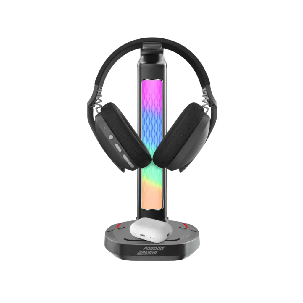 Porodo Gaming RGB Headphone Stand, Wireless Charging & USB-C Hub with Screen Lamp 5W