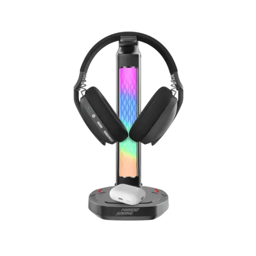 [PDX527-PG] Porodo Gaming RGB Headphone Stand, Wireless Charging & USB-C Hub with Screen Lamp 5W